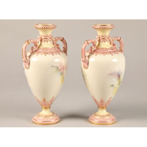 6 - Pair Royal China Works Worcester vases, double handles and raised on circular feet, decorated in pin... 