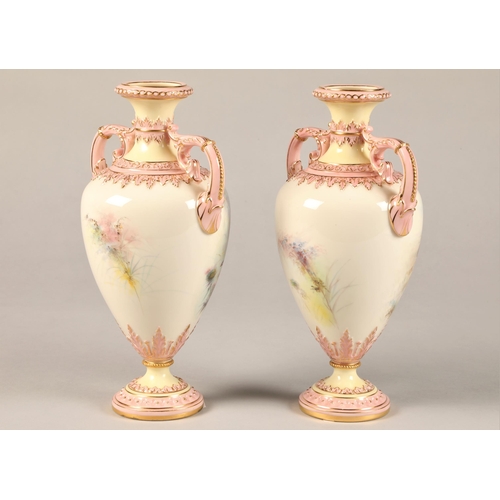 6 - Pair Royal China Works Worcester vases, double handles and raised on circular feet, decorated in pin... 