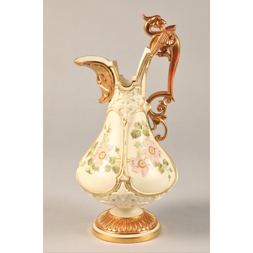 7 - Royal Worcester ewer, gilt winged dragon handle and gilt face mask spout, decorated with hand painte... 