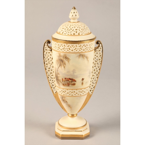 8 - Royal China Works Worcester double handled reticulated vase and cover, raised on a square foot, hand... 