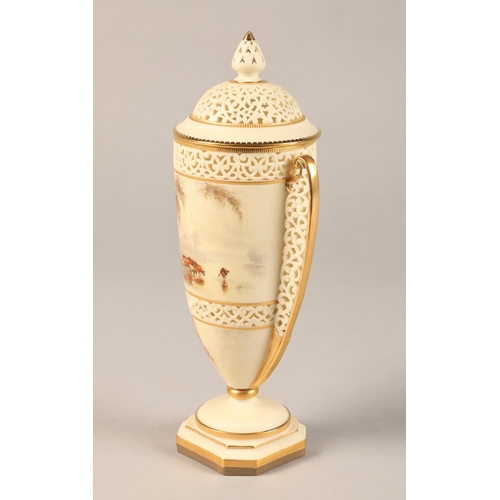 8 - Royal China Works Worcester double handled reticulated vase and cover, raised on a square foot, hand... 