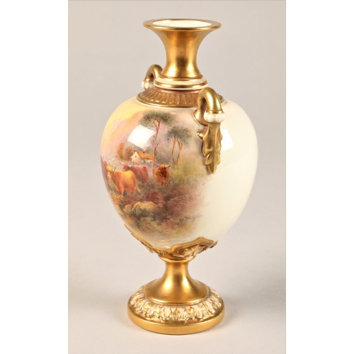 9 - Royal Worcester twin handled vase, ovoid form raised on a circular foot, hand painted highland glen ... 