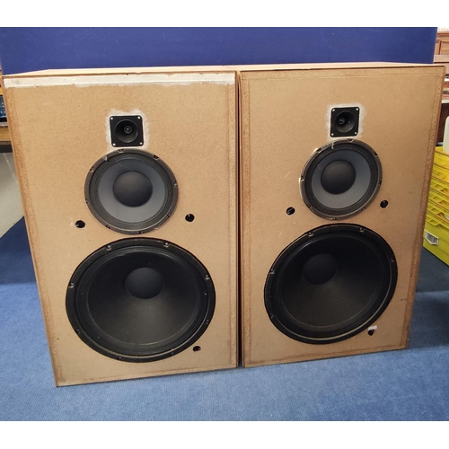 459 - Pair of custom speakers in beech cases. The largest cone measuring 40cm in diameter. H100cm