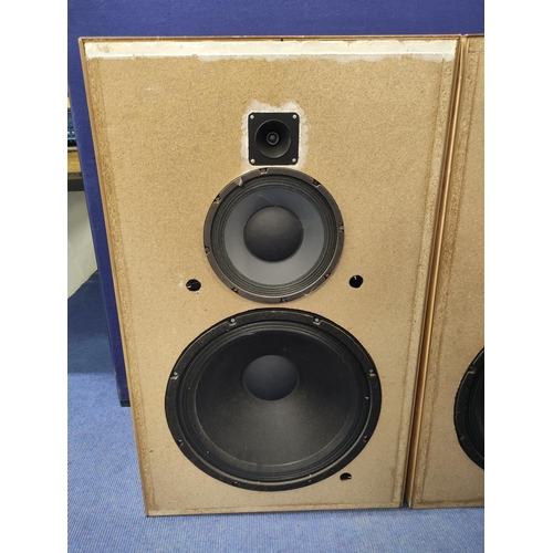 459 - Pair of custom speakers in beech cases. The largest cone measuring 40cm in diameter. H100cm