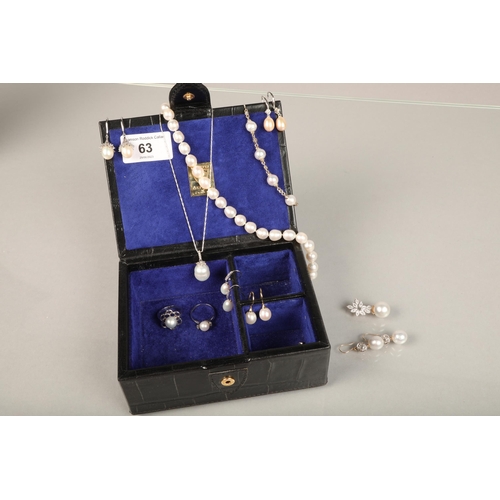 63 - Assortment of pearl jewellery to include necklaces, bracelet, earrings, some set in stirling silver ... 