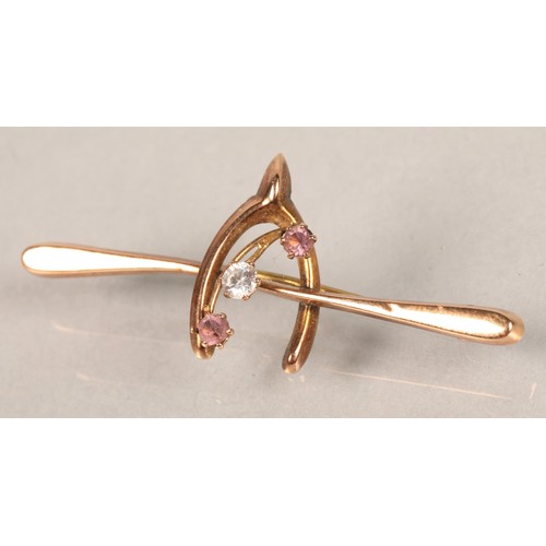 64 - Ladies 9 ct rose gold wishbone bar brooch