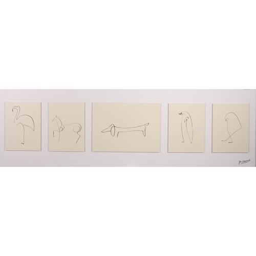 419 - PICASSO, 'Flamingo, Penguin, Sausage Dog, Chick, Horse', five prints of animals framed as one, frame... 