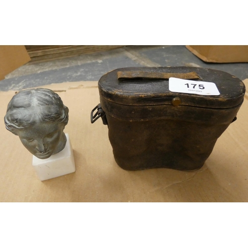 175 - Miniature bust on plinth, model of a figure and a pair of binoculars,  (3).