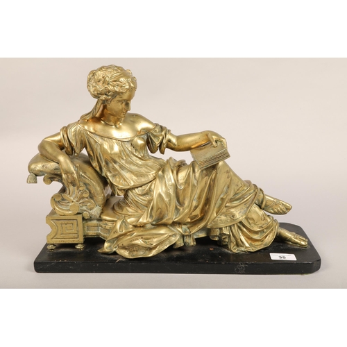 35 - Classical reclining bronze lady on wooden base 45cm w