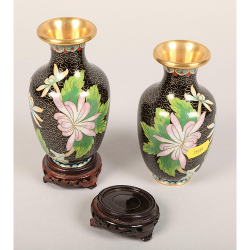 7 - Pair cloisonne oriental metal enameled vases on wooden stands