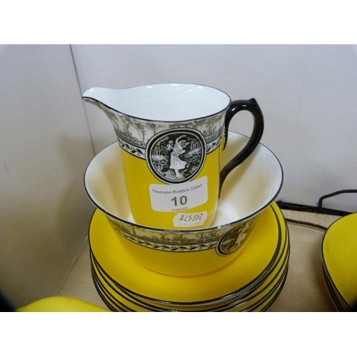 10 - Shelley part tea set decorated with a pictorial scene of female dancers on a yellow ground.  (39)