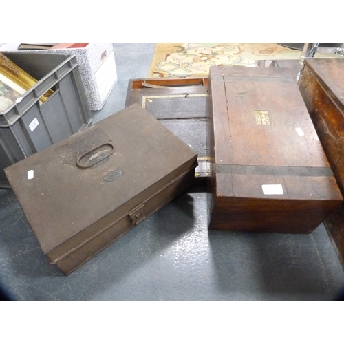 117 - Two Victorian writing slopes (a/f) and a metal deed-style box.&nbsp; (3)