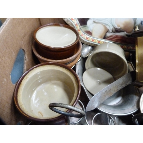 216 - Tempus Fugit mantel clock, stoneware items, cruet holder, candle snuffer, tray etc.
