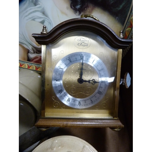 216 - Tempus Fugit mantel clock, stoneware items, cruet holder, candle snuffer, tray etc.