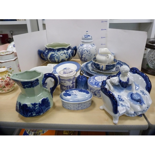 218 - Reproduction blue and white Chinese-style planter, Staffordshire-style jug, blue and white jars and ... 