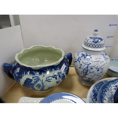 218 - Reproduction blue and white Chinese-style planter, Staffordshire-style jug, blue and white jars and ... 