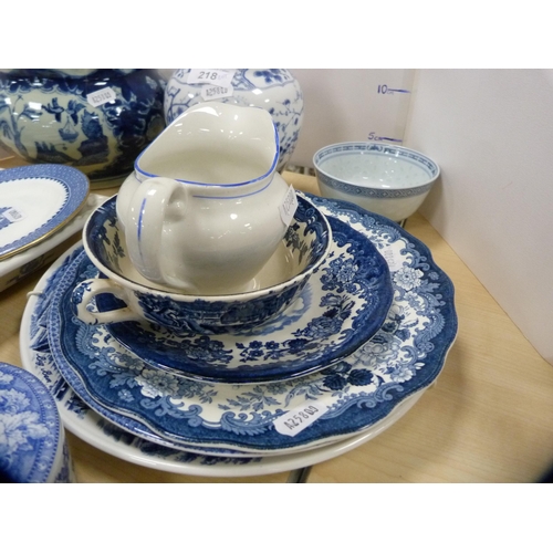 218 - Reproduction blue and white Chinese-style planter, Staffordshire-style jug, blue and white jars and ... 