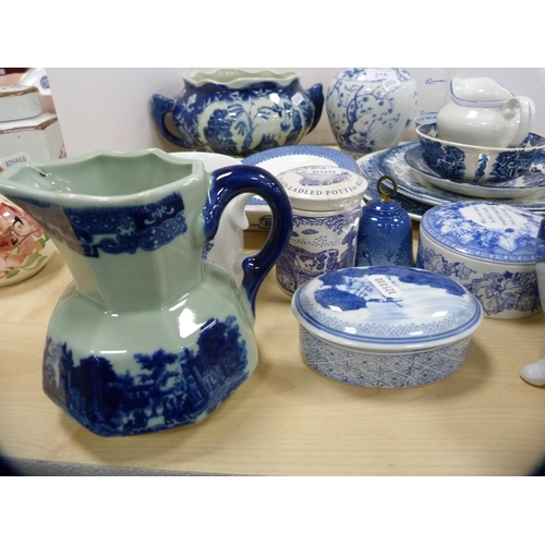 218 - Reproduction blue and white Chinese-style planter, Staffordshire-style jug, blue and white jars and ... 