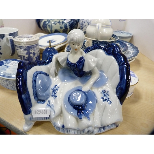218 - Reproduction blue and white Chinese-style planter, Staffordshire-style jug, blue and white jars and ... 