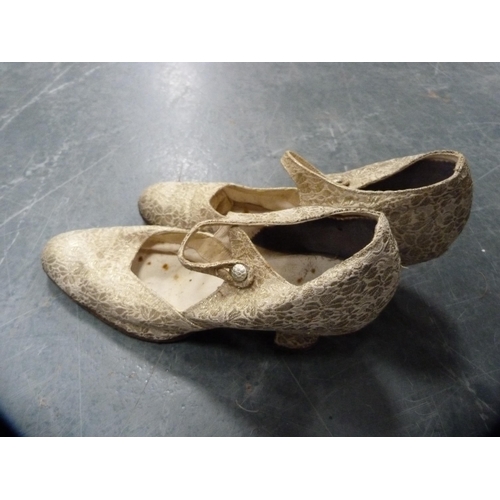 3 - Carton containing napery and linen, and a pair of lady's damask-style shoes etc.