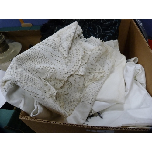 3 - Carton containing napery and linen, and a pair of lady's damask-style shoes etc.