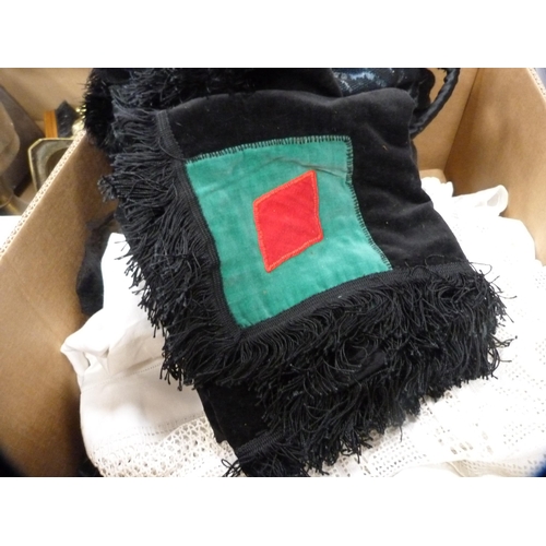 3 - Carton containing napery and linen, and a pair of lady's damask-style shoes etc.