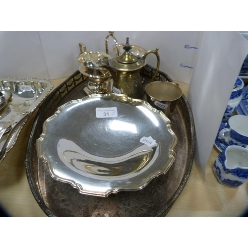 31 - Group of EP and plated wares to include an oval galleried tray, cream and sugar on stand, scalloped ... 