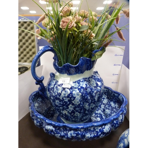 72 - Reproduction blue and white ceramic toilet ewer and basin, and a set of reproduction graduated jugs.