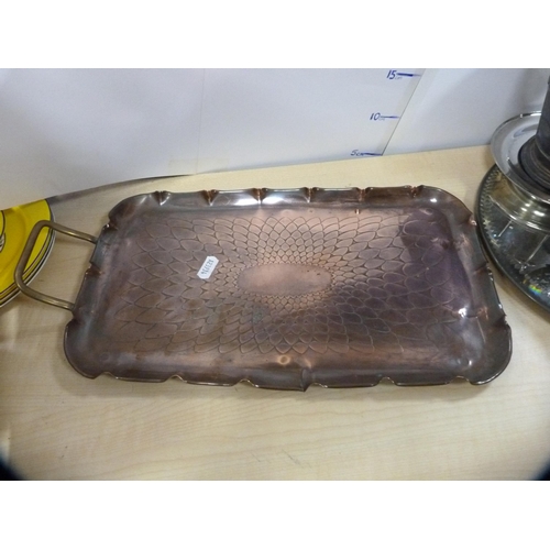 8 - Copper bowl with brass ring handles, shaped copper tray with brass handle and an antique dough cutte... 