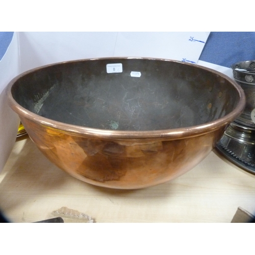 8 - Copper bowl with brass ring handles, shaped copper tray with brass handle and an antique dough cutte... 