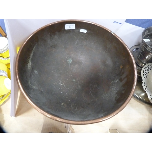 8 - Copper bowl with brass ring handles, shaped copper tray with brass handle and an antique dough cutte... 