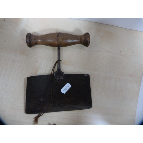 8 - Copper bowl with brass ring handles, shaped copper tray with brass handle and an antique dough cutte... 