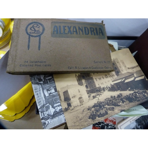 9 - Collection of interesting antique postcards and photographs contained in two shallow boxes to includ... 