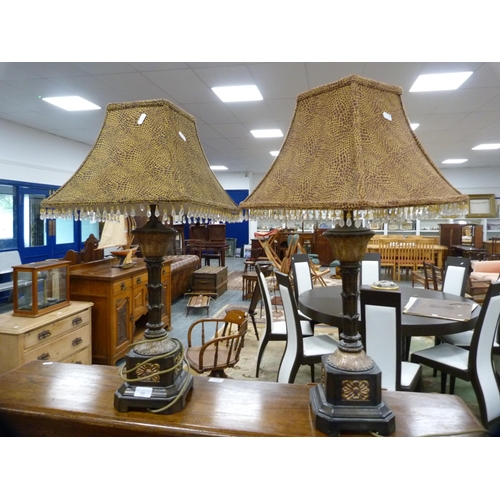 96 - Pair of reproduction table lamps and shades, fitted for electricity.&nbsp; (2)