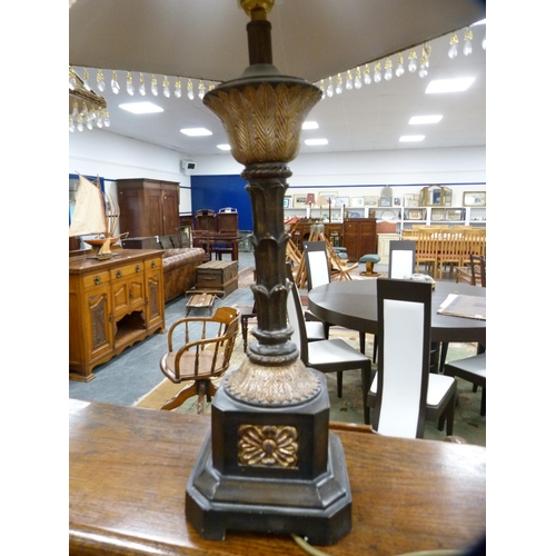 96 - Pair of reproduction table lamps and shades, fitted for electricity.&nbsp; (2)