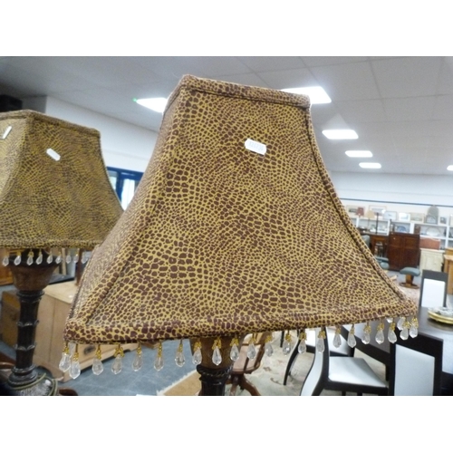 96 - Pair of reproduction table lamps and shades, fitted for electricity.&nbsp; (2)