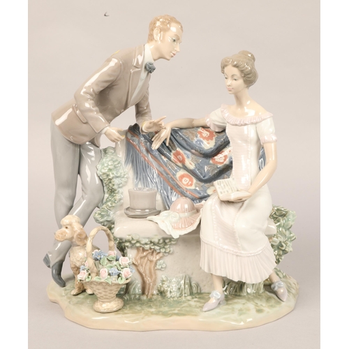 Three Lladro figures, fishing boat, Pinocchio, and couple on bench