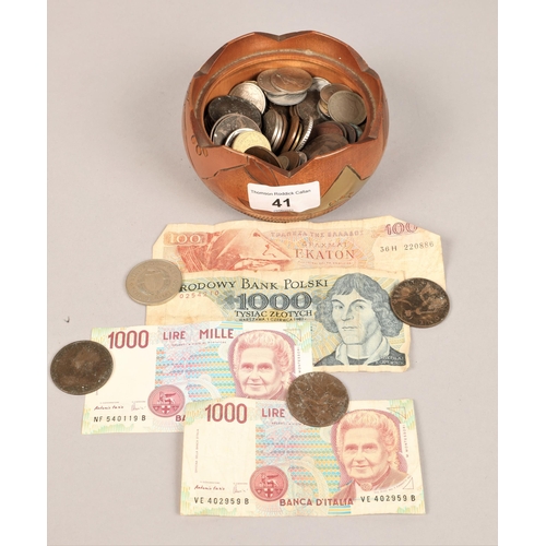 41 - Wooden bowl of assorted coinage and notes