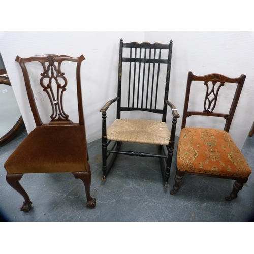 518 - Spindle-back rocking chair, Chippendale-style dining chair and another chair.  (3)