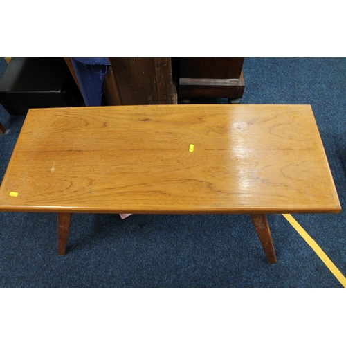 528 - Pine side table on trestle base, 81 x 108cm, and a mid-century coffee table.  (2)