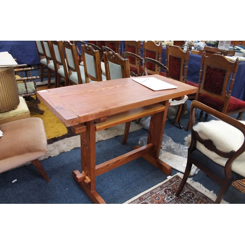 528 - Pine side table on trestle base, 81 x 108cm, and a mid-century coffee table.  (2)