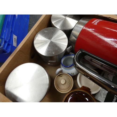 229 - Box of kitchenalia including storage canisters, kettle, cups etc.