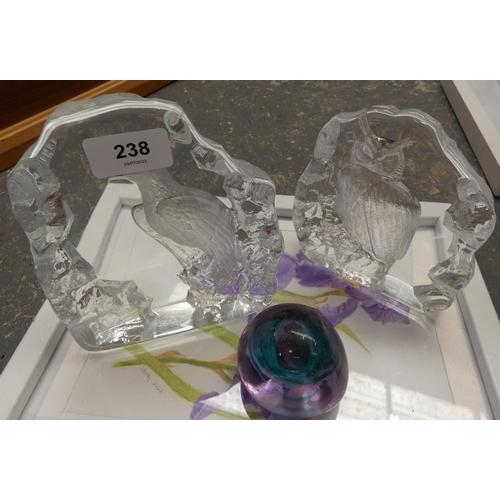 238 - Two large clear glass paperweights and another. (3).