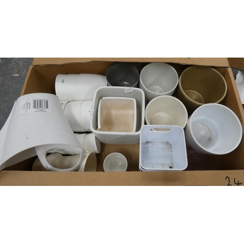 240 - Two boxes of various including small textiles, plant pots etc.