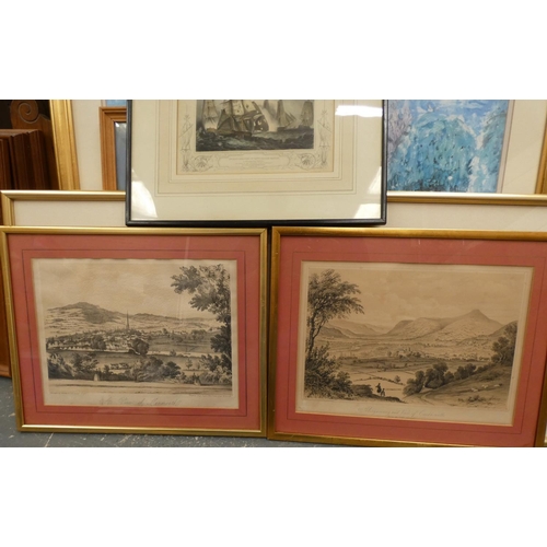 264 - Three antique prints including View of Monmouth Abergeveny, Intrepid Behaviour, Charles Napier. (3).