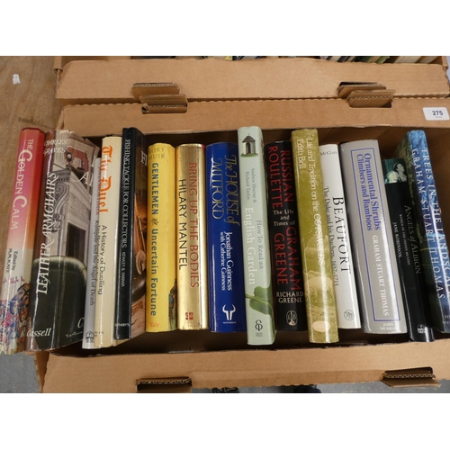 275 - Two boxes of modern books including books by Richard Green, Hilary Mantel, etc. 