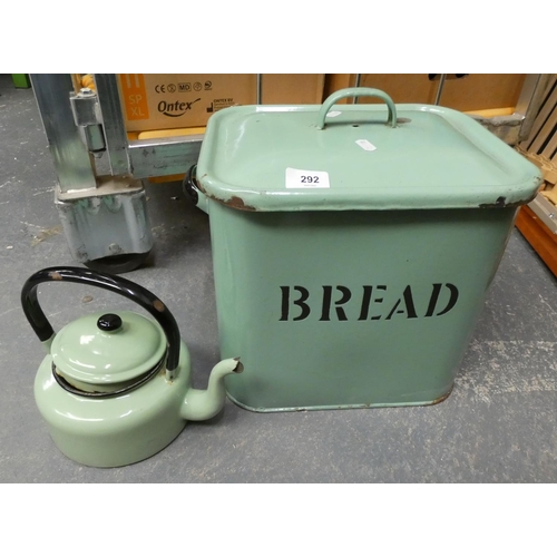 292 - Vintage enamel bread bin and kettle. (2).