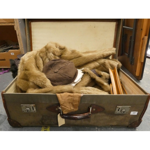 297 - Vintage suitcase and textiles to include part 1920's flapper dress, furs etc , Cleghorn Edinburgh.