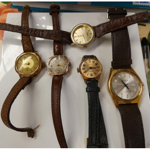 338 - 9ct gold cased Everite lady's wristwatch, 2cm, and four other watches. (5).