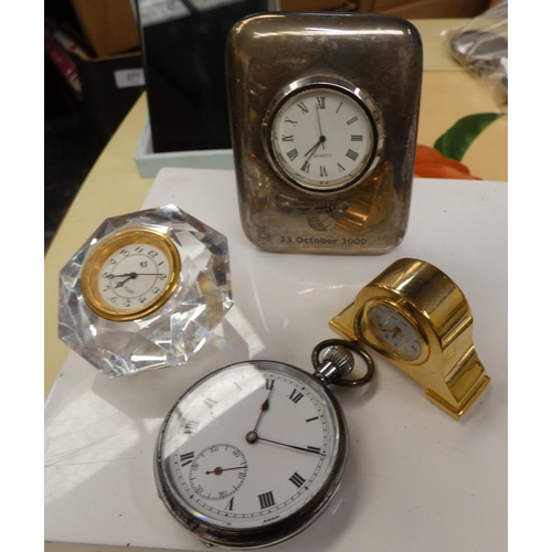 359 - Three small clocks and a pocket watch. (4).